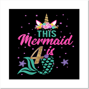 Kids 4Th Birthday Girl Unicorn Mermaid Tail 4 Years Old Posters and Art